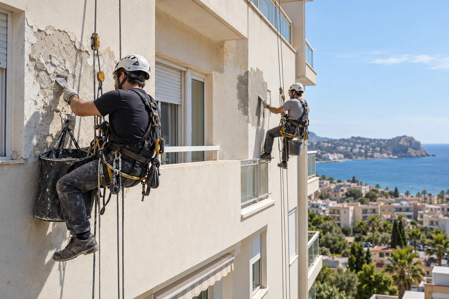 Equipo reparando fachada de comunidad